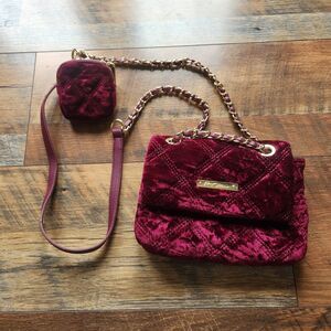 Betsey Johnson Velvet Red & Gold Chain Crossbody, Matching Coin Purse Date Night